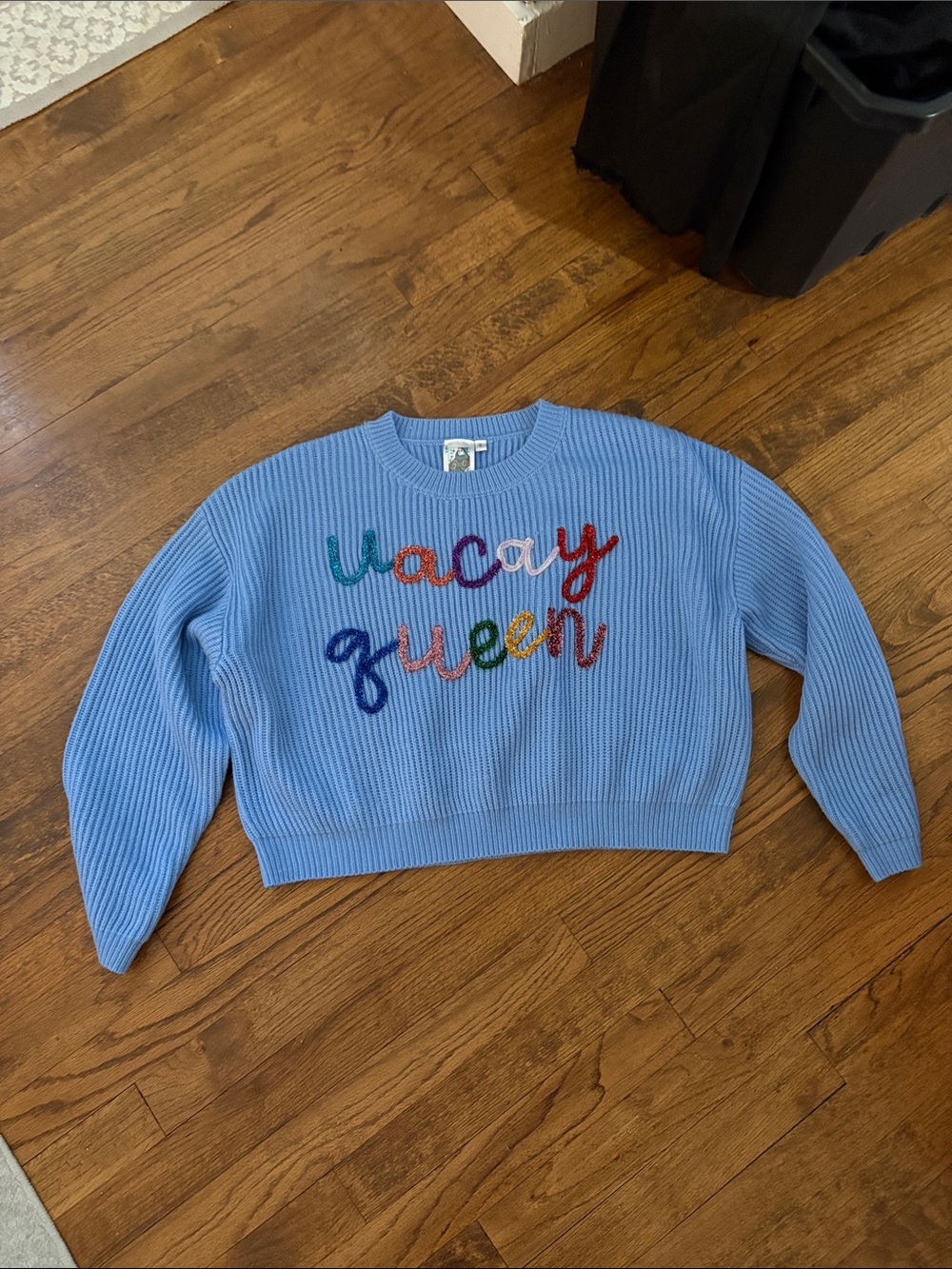 QUEEN OF SPARKLES Light Blue Crewneck Sweater with Multicolor